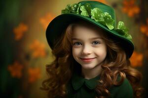 ai generado retrato de un hermosa pequeño niña en un verde sombrero.st. patrick's día concepto foto