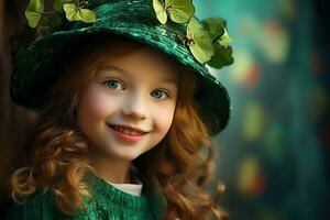 ai generado retrato de un hermosa pequeño niña en un verde sombrero.st. patrick's día concepto foto