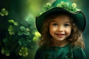 ai generado retrato de un hermosa pequeño niña en un verde sombrero.st. patrick's día concepto foto