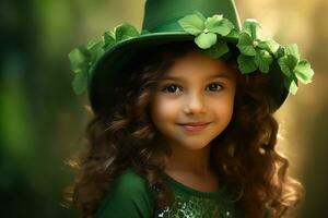 AI generated Portrait of a beautiful little girl in a green hat.St. Patrick's Day Concept photo