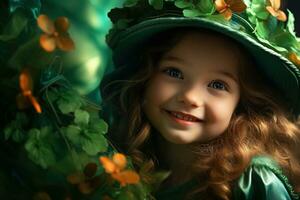 AI generated Portrait of a beautiful little girl in a green hat.St. Patrick's Day Concept photo