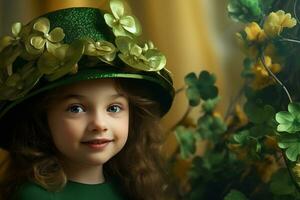 AI generated Portrait of a beautiful little girl in a green hat.St. Patrick's Day Concept photo