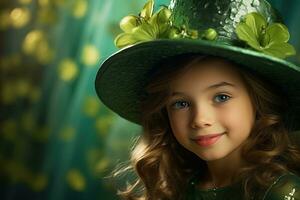 ai generado retrato de un hermosa pequeño niña en un verde sombrero.st. patrick's día concepto foto