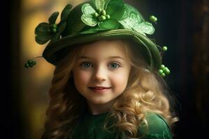 ai generado retrato de un hermosa pequeño niña en un verde sombrero.st. patrick's día concepto foto