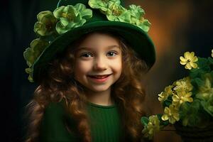 ai generado retrato de un hermosa pequeño niña en un verde sombrero.st. patrick's día concepto foto