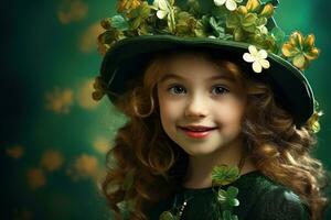 ai generado retrato de un hermosa pequeño niña en un verde sombrero.st. patrick's día concepto foto