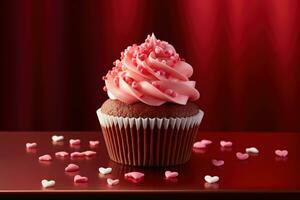 AI generated Valentine cupcake with heart-shaped sprinkles on red background photo