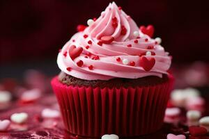 AI generated Valentine cupcake with heart-shaped sprinkles on red background photo