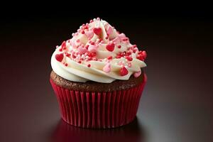 AI generated Valentine cupcake with heart-shaped sprinkles on red background photo