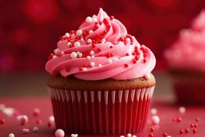 AI generated Valentine cupcake with heart-shaped sprinkles on red background photo