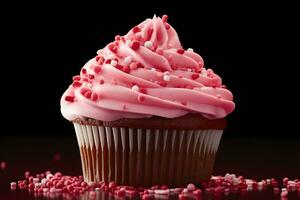 AI generated Valentine cupcake with heart-shaped sprinkles on red background photo