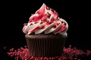 AI generated Valentine cupcake with heart-shaped sprinkles on red background photo