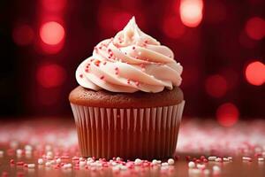 AI generated Valentine cupcake with heart-shaped sprinkles on red background photo