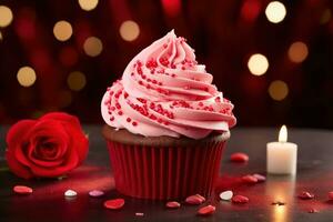 AI generated Valentine cupcake with heart-shaped sprinkles on red background photo