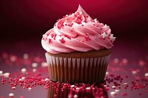 AI generated Valentine cupcake with heart-shaped sprinkles on red background photo