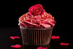 AI generated Valentine cupcake with heart-shaped sprinkles on red background photo