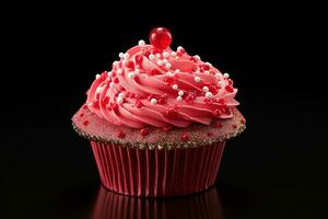 AI generated Valentine cupcake with heart-shaped sprinkles on red background photo