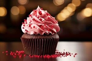 AI generated Valentine cupcake with heart-shaped sprinkles on red background photo