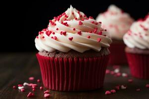 AI generated Valentine cupcake with heart-shaped sprinkles on red background photo