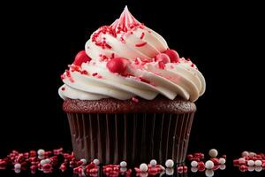 AI generated Valentine cupcake with heart-shaped sprinkles on red background photo