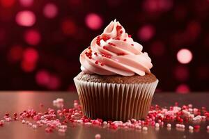 AI generated Valentine cupcake with heart-shaped sprinkles on red background photo