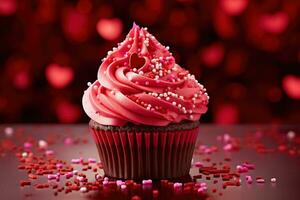 AI generated Valentine cupcake with heart-shaped sprinkles on red background photo