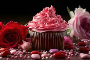 AI generated Valentine cupcake with heart-shaped sprinkles on red background photo