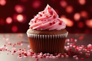 AI generated Valentine cupcake with heart-shaped sprinkles on red background photo