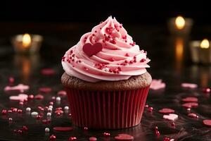 AI generated Valentine cupcake with heart-shaped sprinkles on red background photo