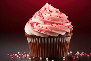 AI generated Valentine cupcake with heart-shaped sprinkles on red background photo