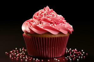 AI generated Valentine cupcake with heart-shaped sprinkles on red background photo