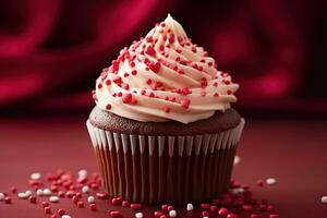 AI generated Valentine cupcake with heart-shaped sprinkles on red background photo