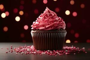 AI generated Valentine cupcake with heart-shaped sprinkles on red background photo