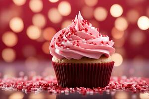 AI generated Valentine cupcake with heart-shaped sprinkles on red background photo