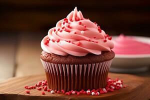 AI generated Valentine cupcake with heart-shaped sprinkles on red background photo