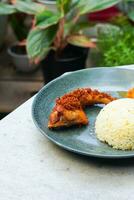 fried chicken with rice and chili photo