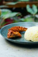 fried chicken with rice and chili photo