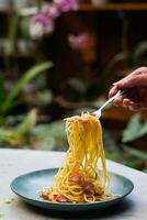 the hand that is lifting the spaghetti on the plate photo