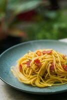 close up spaghetti on table photo