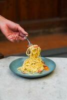 the hand that is lifting the spaghetti on the plate photo