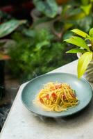 close up spaghetti on table photo