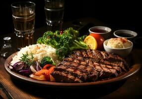 AI generated Elegant detail of wooden table with steak, salad, rice and pretty glasses of red wine. photo