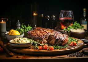 AI generated Elegant detail of wooden table with steak, salad, rice and pretty glasses of red wine. photo