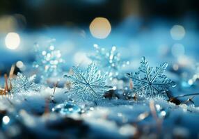 AI generated Blue winter background with transparent snowflakes and ice details. Christmas time. photo