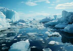 ai generado hielo bloques, icebergs, en el superficie de el Oceano o lago, en polar regiones. foto