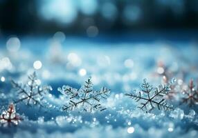 AI generated Blue winter background with transparent snowflakes and ice details. Christmas time. photo