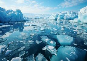 AI generated Ice blocks, icebergs, on the surface of the ocean or lake, in polar regions. photo