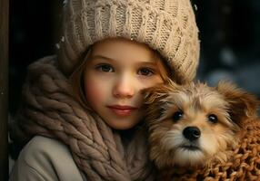 ai generado niño vestido calurosamente en de lana sombrero y bufanda, en el calle con nieve que cae y con un perrito en su regazo. invierno tiempo. foto