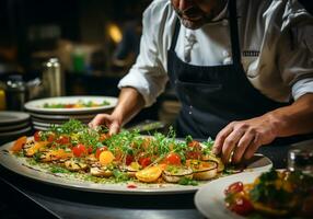 AI generated Chef preparing and serving an elegant meal. Service time. photo