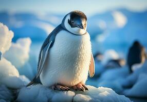 ai generado pingüinos en un hielo témpano de hielo, icebergs, en polar regiones paisaje foto